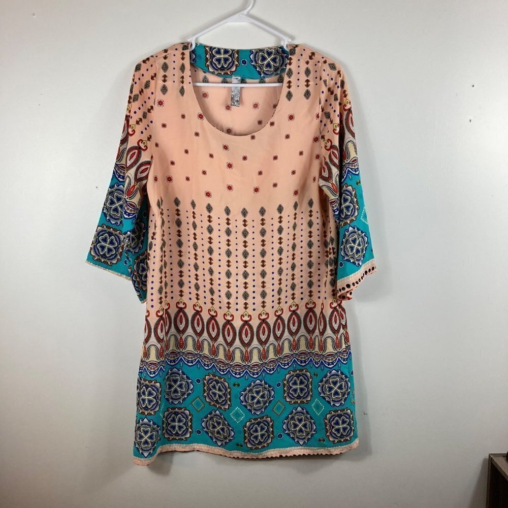 Uj Womens A line Shift Dress Peach Teal Pattern 3/4‎ sleeve M